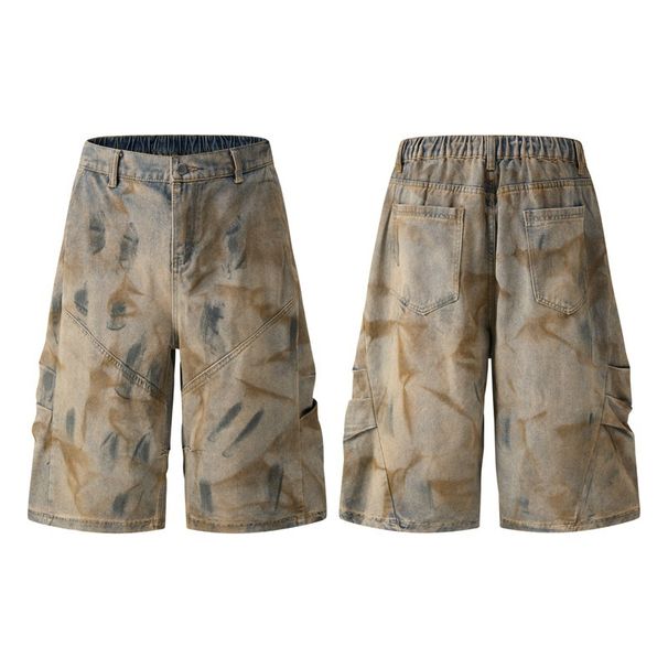 Men's Retro Distressed Workwear Jeans Curved Loose Wide Leg Cropped Pants Trendy Wasteland Style Summer Fashion_mkmklike.com