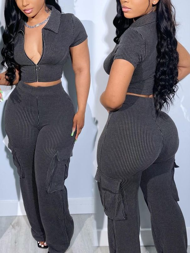 Women's new spring and summer new fashion zipper tops multi-pocket trousers casual solid color suits_mkmklike.com