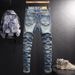 Men's Distressed Blue Jeans Stretch Denim Pants Ripped Details Slim Straight Leg Vintage Style Casual Wear_mkmklike.com