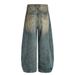 Post-apocalyptic Style Washed Vintage Scimitar Wide-Leg Jeans For Men High Street Trendy Three-Dimensional Deconstructed_mkmklike.com