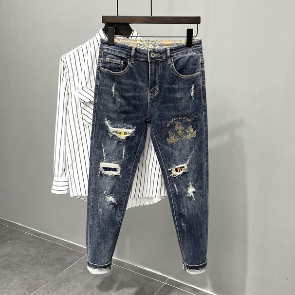 Men's Clothing With Personality Ripped Patches, Heavy-duty Hot Diamond Printing, Trendy Brand, Slim Fit, Slim-fitting, Versatile, Slim Trousers_mkmklike.com