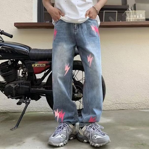 Men's Patchwork Height Enhancing Jeans Mid Waist Straight Pants American High Street Style Slightly Flared Casual Long Trousers_mkmklike.com