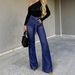 High Waisted Cross Strap Flared Jeans Dark Blue Slimming Wide Leg Women's Stylish Denim Flared Pants_mkmklike.com