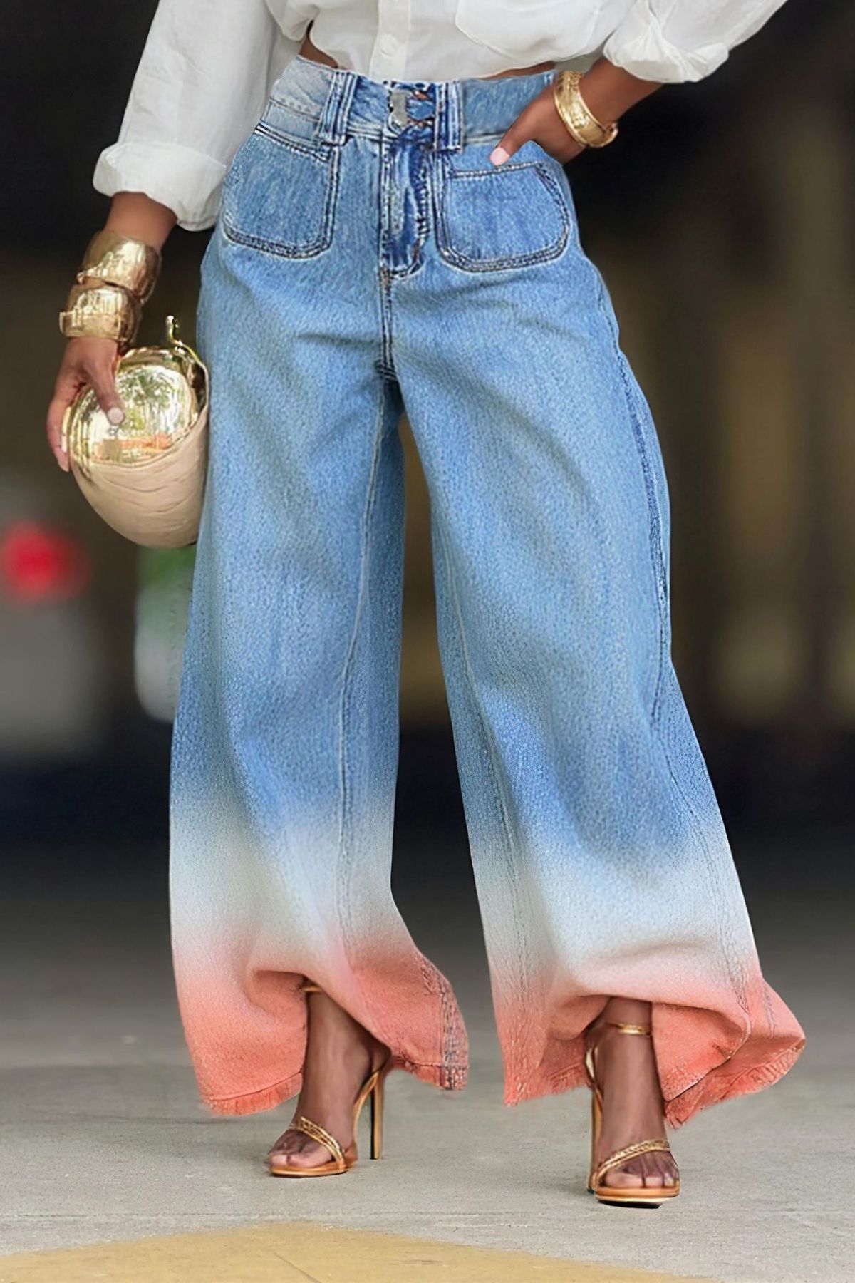 Women's Ombre Faded Denim Jeans - Stretch Comfort Fit High Waist Loose Straight Leg Pants (Blue, S-2XL)_mkmklike.com