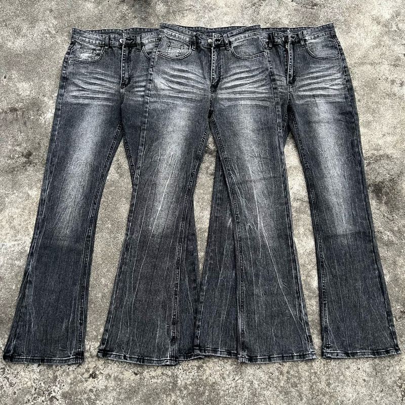Men's Clothing Retro Black Bamboo Cotton Faded Lightning Pattern Washed Old Flared Jeans For Men And Women_mkmklike.com