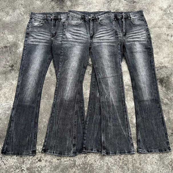 Men's Clothing Retro Black Bamboo Cotton Faded Lightning Pattern Washed Old Flared Jeans For Men And Women_mkmklike.com
