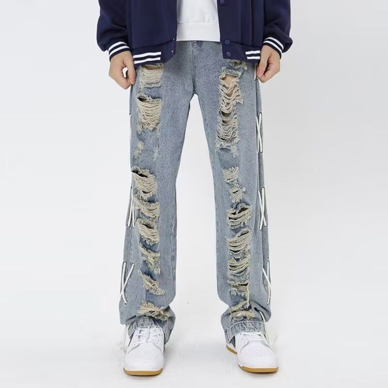 Women's High-Waisted Vintage Distressed Jeans – Oversized Straight-Leg Wide Pants With Retro Streetwear Aesthetic Light Blue Washed Denim For Summer_mkmklike.com
