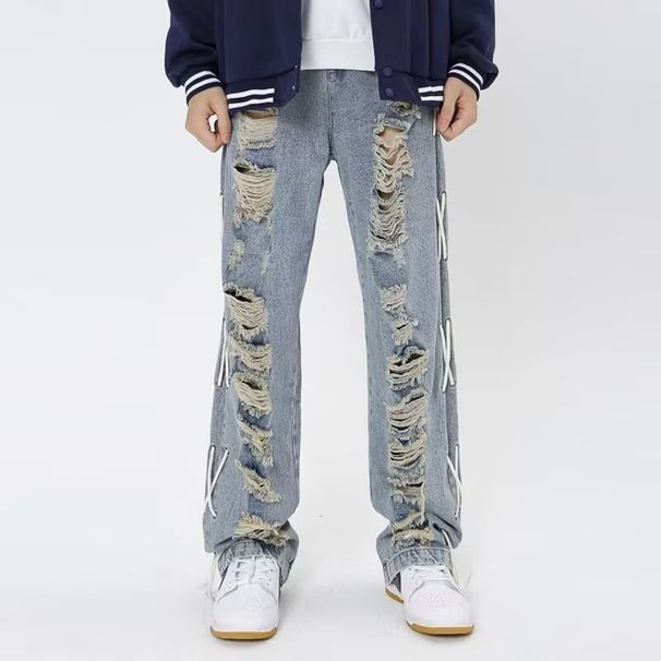 Women's High-Waisted Vintage Distressed Jeans – Oversized Straight-Leg Wide Pants With Retro Streetwear Aesthetic Light Blue Washed Denim For Summer_mkmklike.com