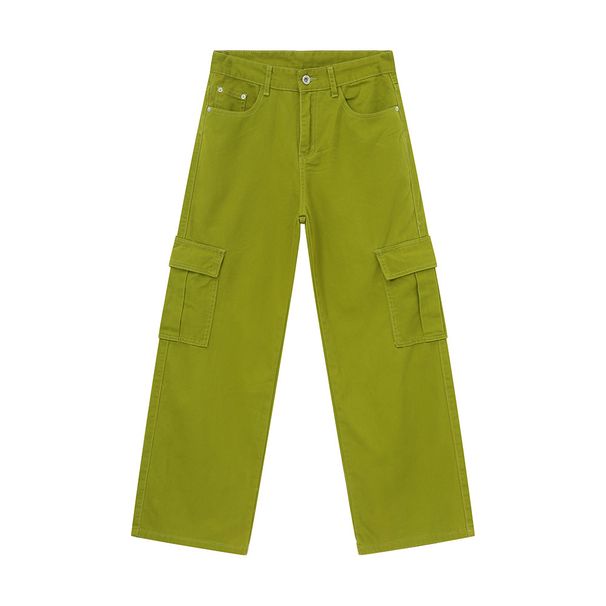 EF JEANS | 2024 New American Solid Color Big Pocket Overalls Fruit Green Casual Loose Straight Jeans_mkmklike.com