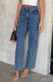 K European And American Women's Diagonal Waist Cross Retro Nail Bead Straight Tube Fringed Denim Pants_mkmklike.com