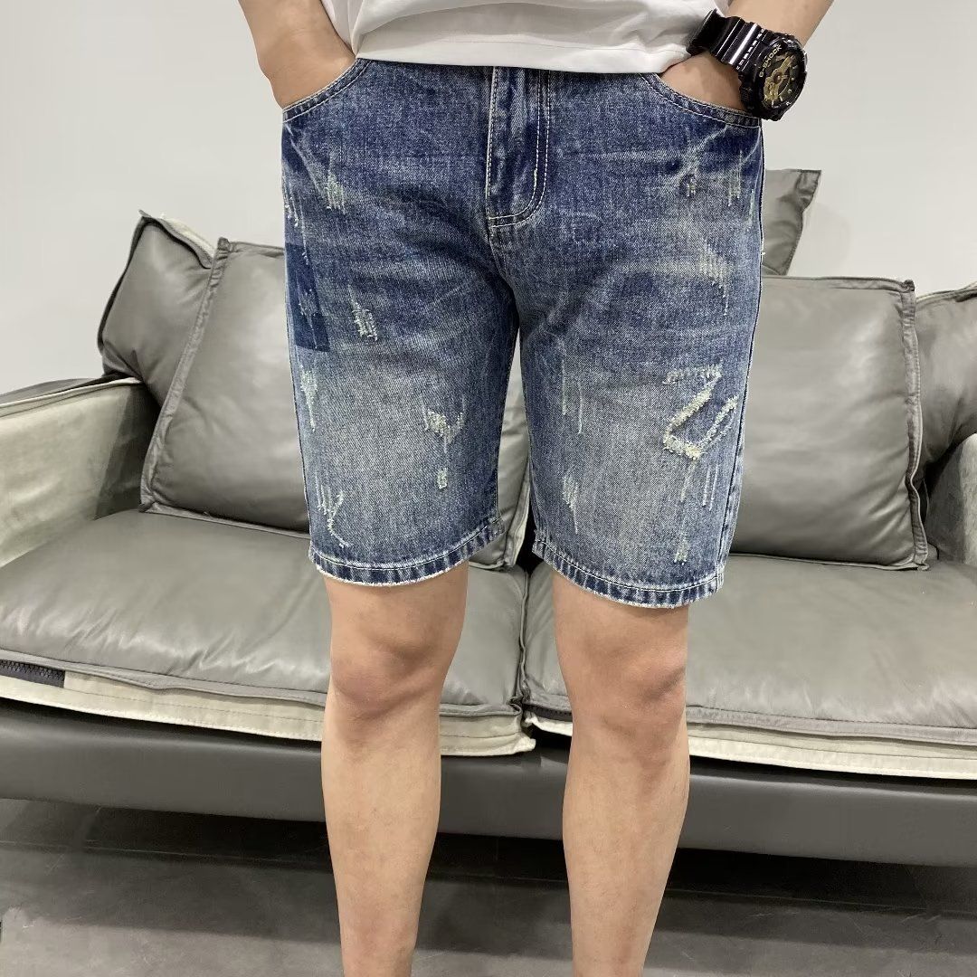 Men's Distressed Light Blue Denim Shorts - Slim Fit Vintage Washed 5-Inch Inseam Casual Summer Shorts With Label Detail_mkmklike.com