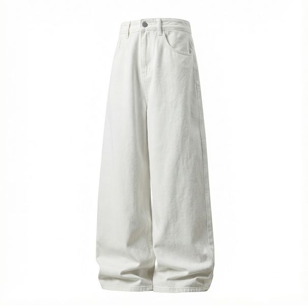 Men's Retro Distressed Embroidered Jeans White Loose-Fit Straight Leg Denim Pants with Contrast Stitching_mkmklike.com