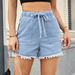 Women's Clothing New Elastic Waist Drawstring Casual High Waist Raw Edge Denim Shorts For Women_mkmklike.com