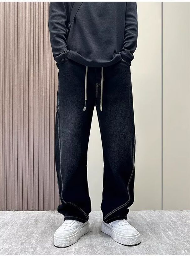 Spring Men's Clothing Casual Wide Leg Pants Trendy Design Large Pockets Drawstring Elastic Waist Jeans_mkmklike.com