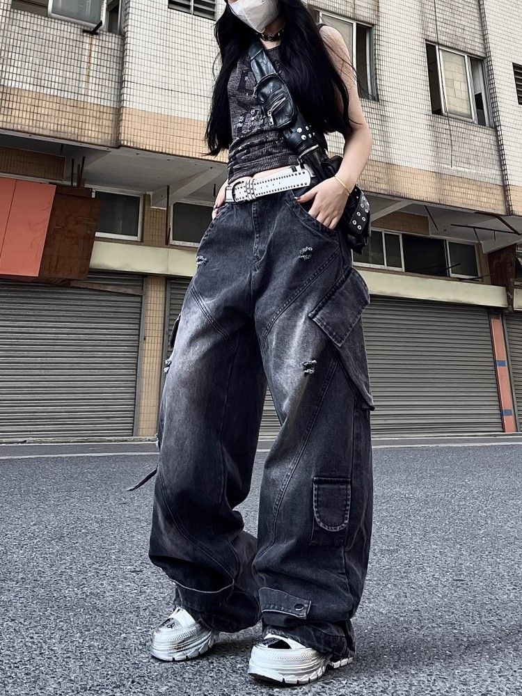 Plus Size Hip Hop Cargo Jeans – Oversized Streetwear Denim Pants With Multi-Pockets For Women_mkmklike.com