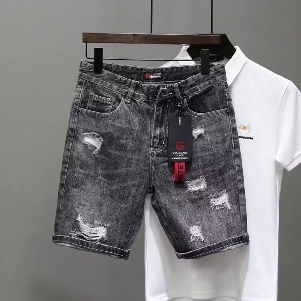 Trendy Brand Fashion Personality Embroidery Slim Straight Leg Denim Shorts Men Ins Korean Version Trendy Summer Black_mkmklike.com