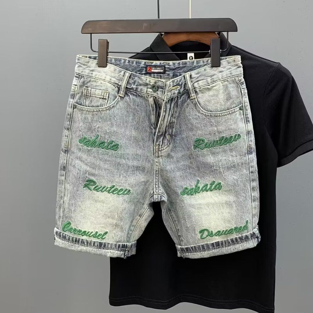 Brand Personalized Green Letter Embroidered Cowboy Shorts For Men In 2024 Summer, Thin Style, Trendy And Handsome, Slim_mkmklike.com