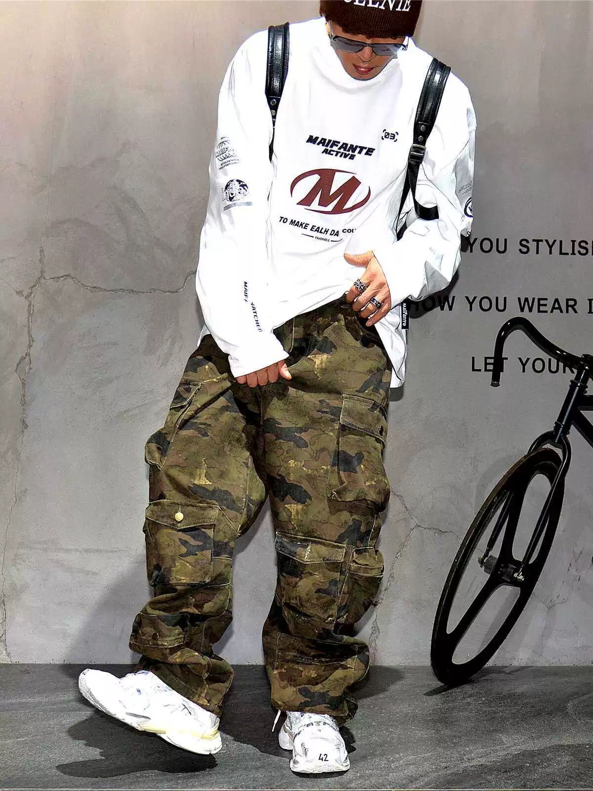 Men's Niche Vibe Loose Fit Camouflage Flared Jeans Multi Pocket Trendy Casual Workwear Long Pants Large Size_mkmklike.com