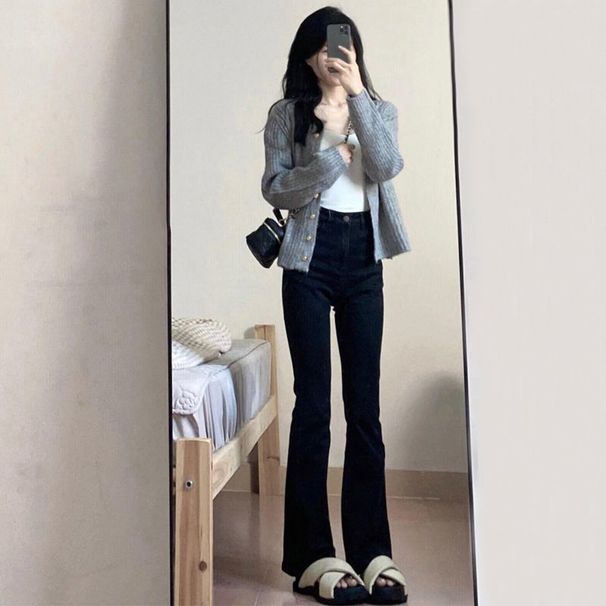 High-Waisted Flared Jeans For Women - Stretchy Black Bootcut Pants With Fleece Lining (Winter)_mkmklike.com