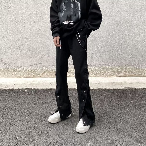 American High Street Vibe Style Casual Buttoned Jeans For Men With Zipper Slit Design Loose Straight Floor-Length Pants_mkmklike.com