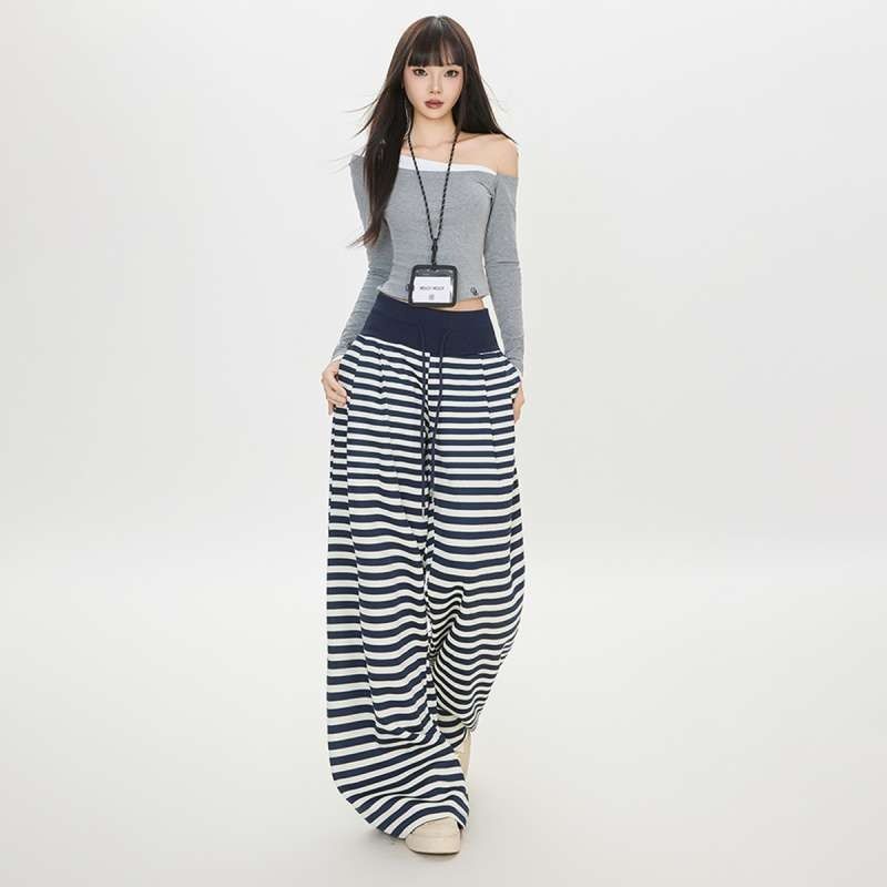 Autumn Winter Striped Loose Comfortable Long American-style Blue And White Drawstring Elastic Casual Pants, Stylish_mkmklike.com