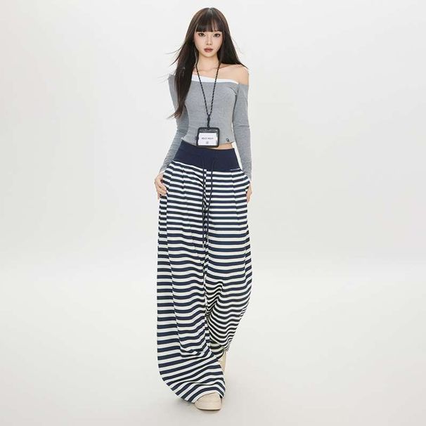 Autumn Winter Striped Loose Comfortable Long American-style Blue And White Drawstring Elastic Casual Pants, Stylish_mkmklike.com