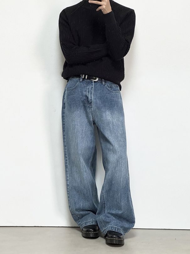 Men's Vintage Washed Blue Straight Jeans – Relaxed Fit, Wide-Leg & Long Hem (Effortless Street Style & Retro Appeal)_mkmklike.com