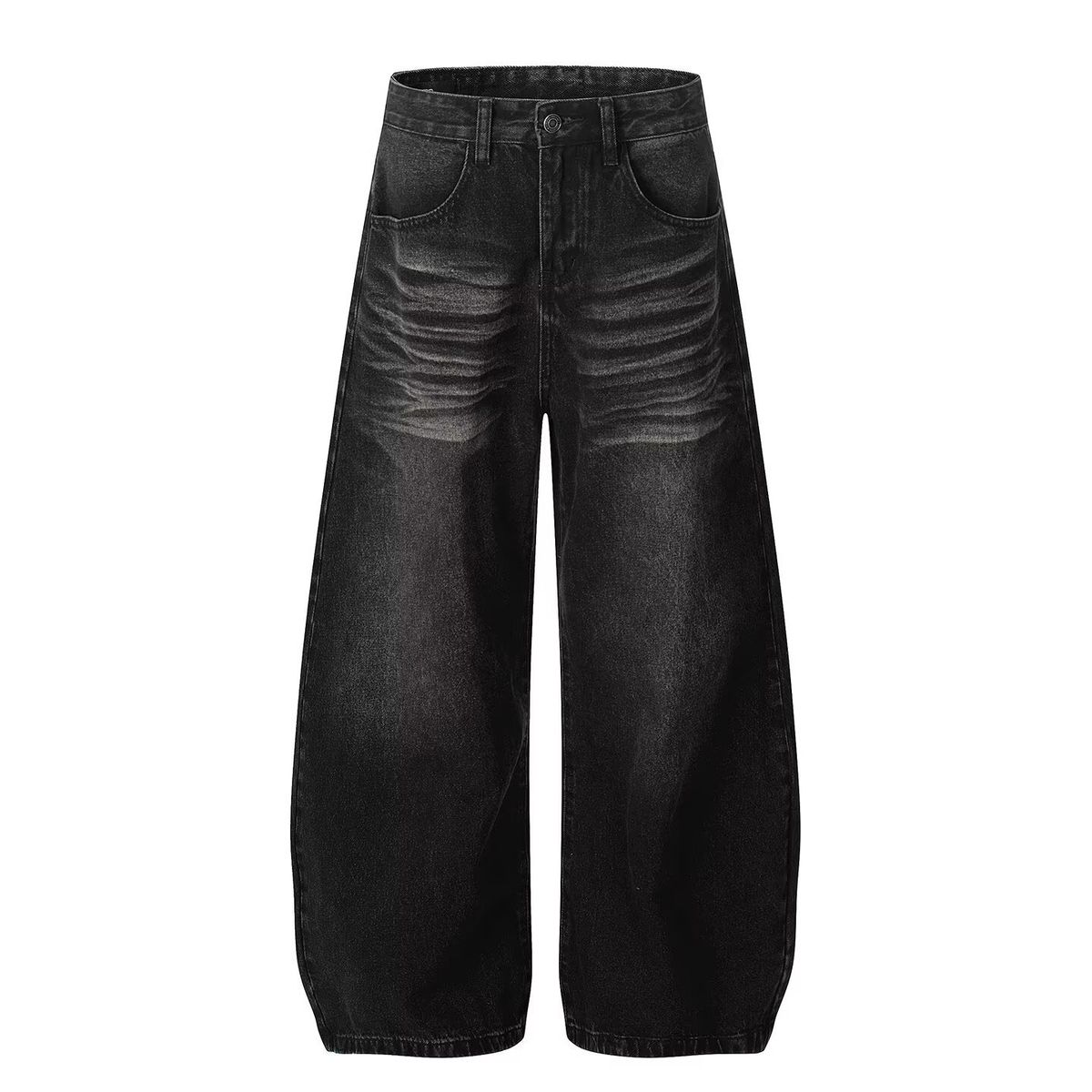 Vintage Black Washed Distressed Jeans 90s Baggy Wide-Leg Denim Pants With Cat Whisker & Crooked Blade Wash, Streetwear High Waist Relaxed Fit_mkmklike.com