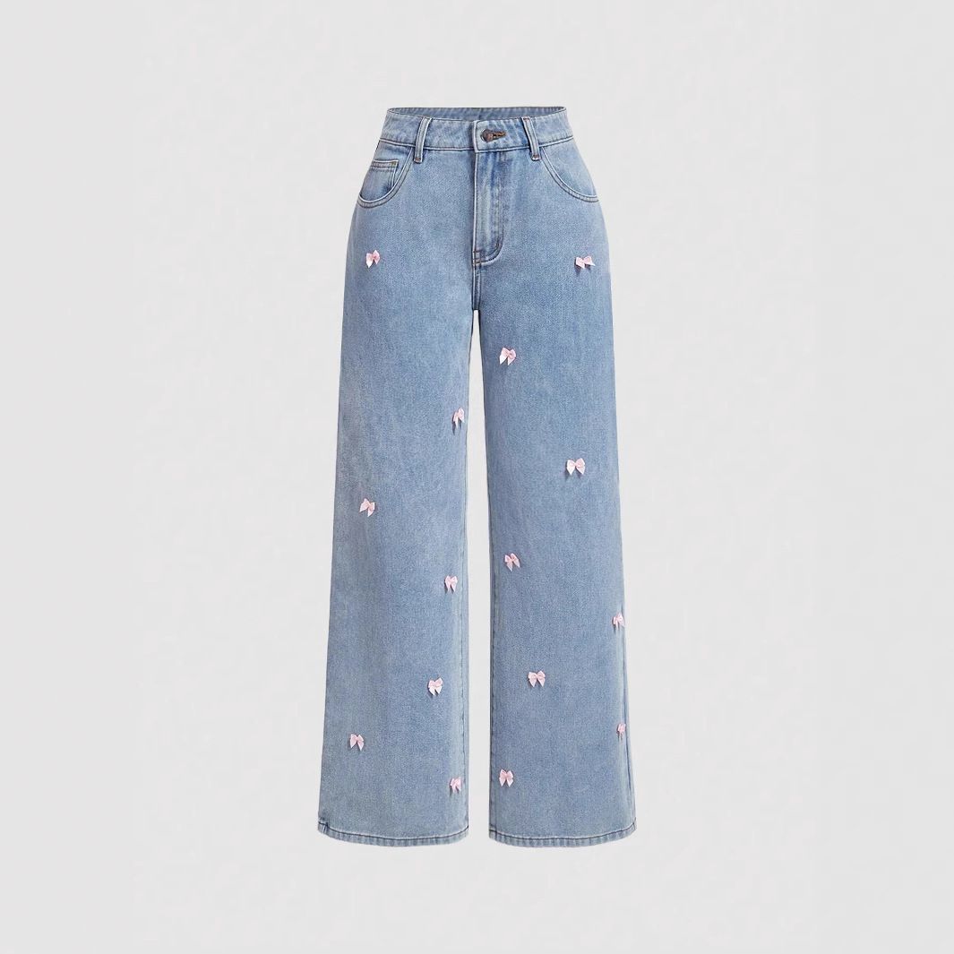 Women's Clothing Y2K High-Waisted Distressed Jeans For Women - Vintage Washed Denim Pants With Bow Detail, Wide Leg, Streetwear Fashion_mkmklike.com