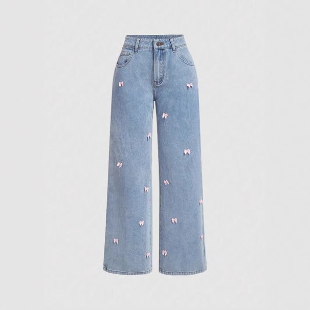 Women's Clothing Y2K High-Waisted Distressed Jeans For Women - Vintage Washed Denim Pants With Bow Detail, Wide Leg, Streetwear Fashion_mkmklike.com
