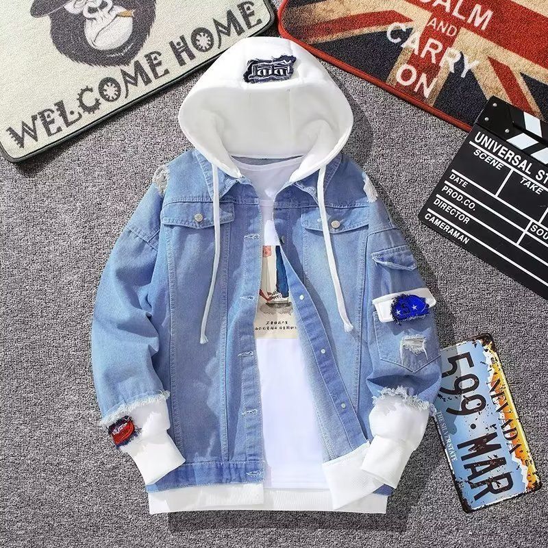 New Perforated Denim, Handsome Men's Clothing, Korean Version, Casual Student Vacation, Two-Piece Hooded Baseball_mkmklike.com