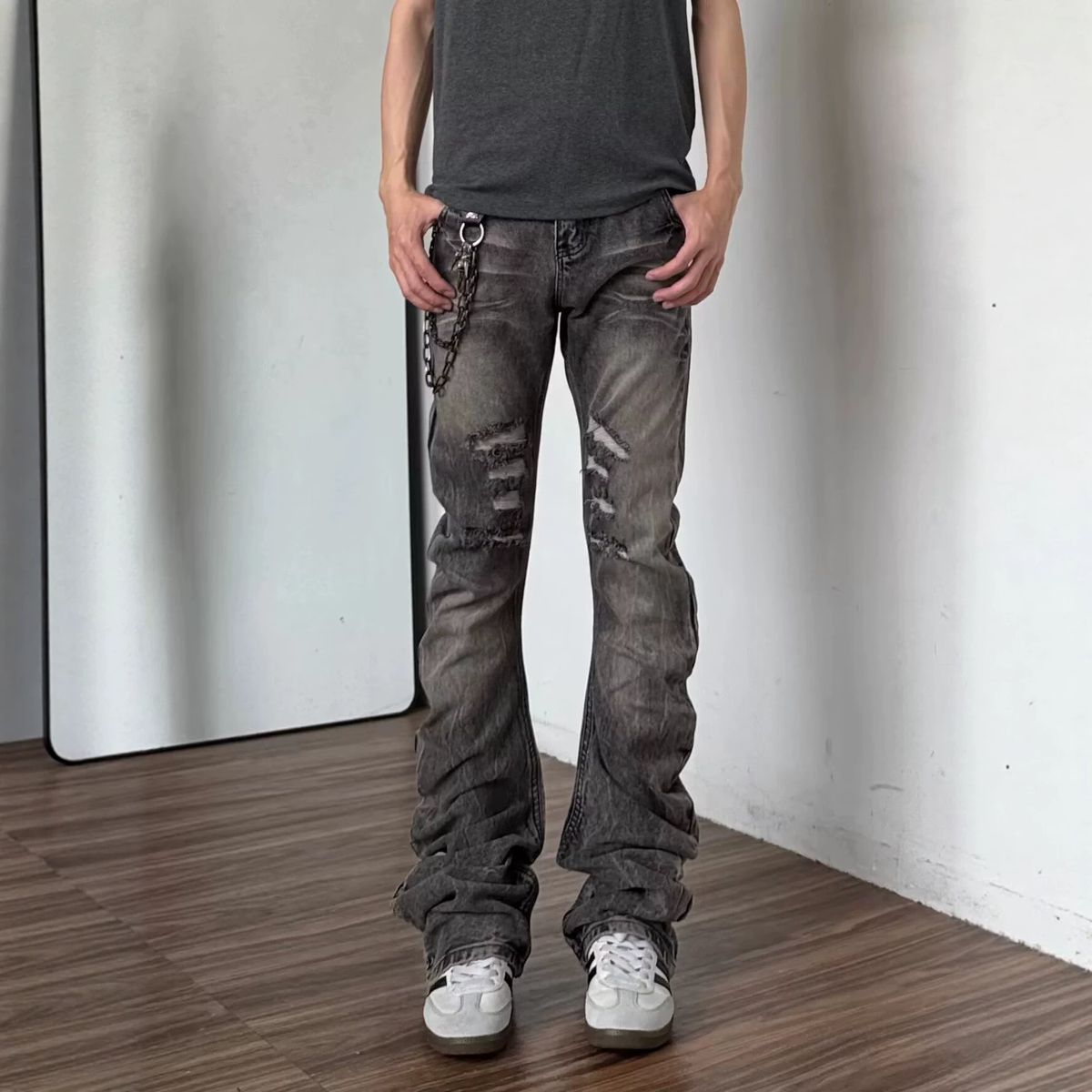 Men's Clothing Men's Trendy Gray Trousers High Street Style Ripped Straight Leg Slightly Flared Floor Length Niche Jeans For Street Wear_mkmklike.com