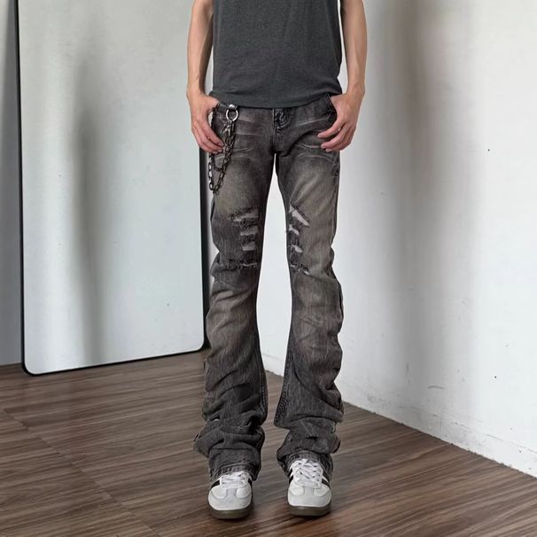 Men's Clothing Men's Trendy Gray Trousers High Street Style Ripped Straight Leg Slightly Flared Floor Length Niche Jeans For Street Wear_mkmklike.com