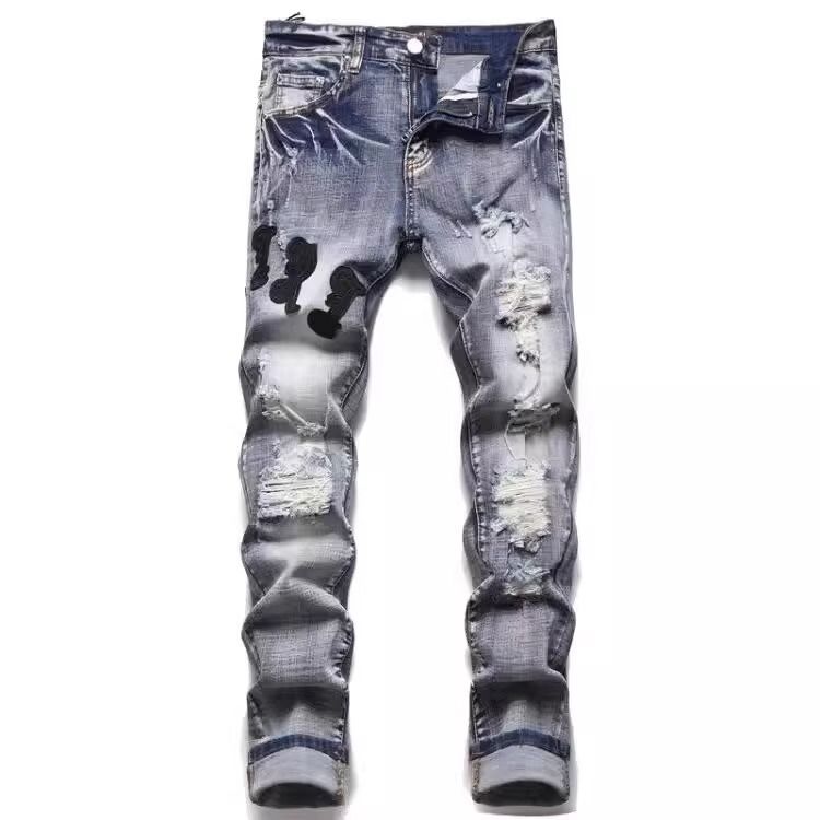 Spring And Summer Retro Splicing Ripped Patch Jeans Men's Embroidered Slim-fitting Pants Men's Elastic Embroidered Long Pants_mkmklike.com
