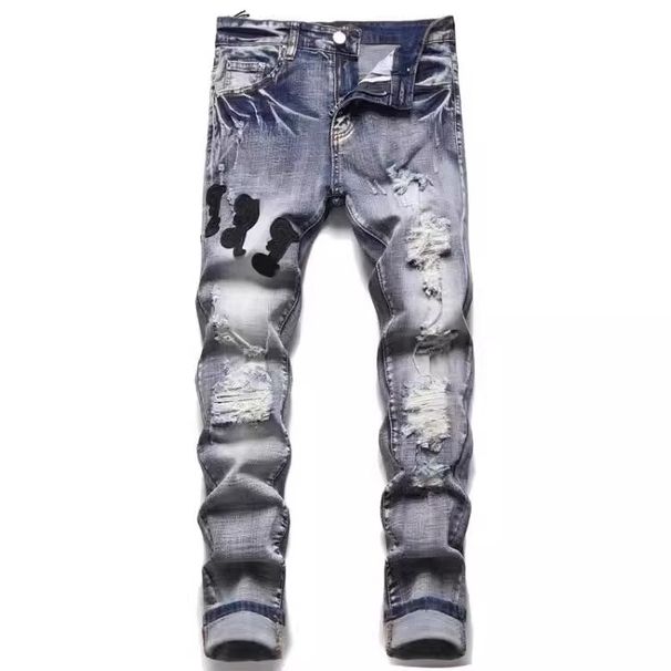 Spring And Summer Retro Splicing Ripped Patch Jeans Men's Embroidered Slim-fitting Pants Men's Elastic Embroidered Long Pants_mkmklike.com
