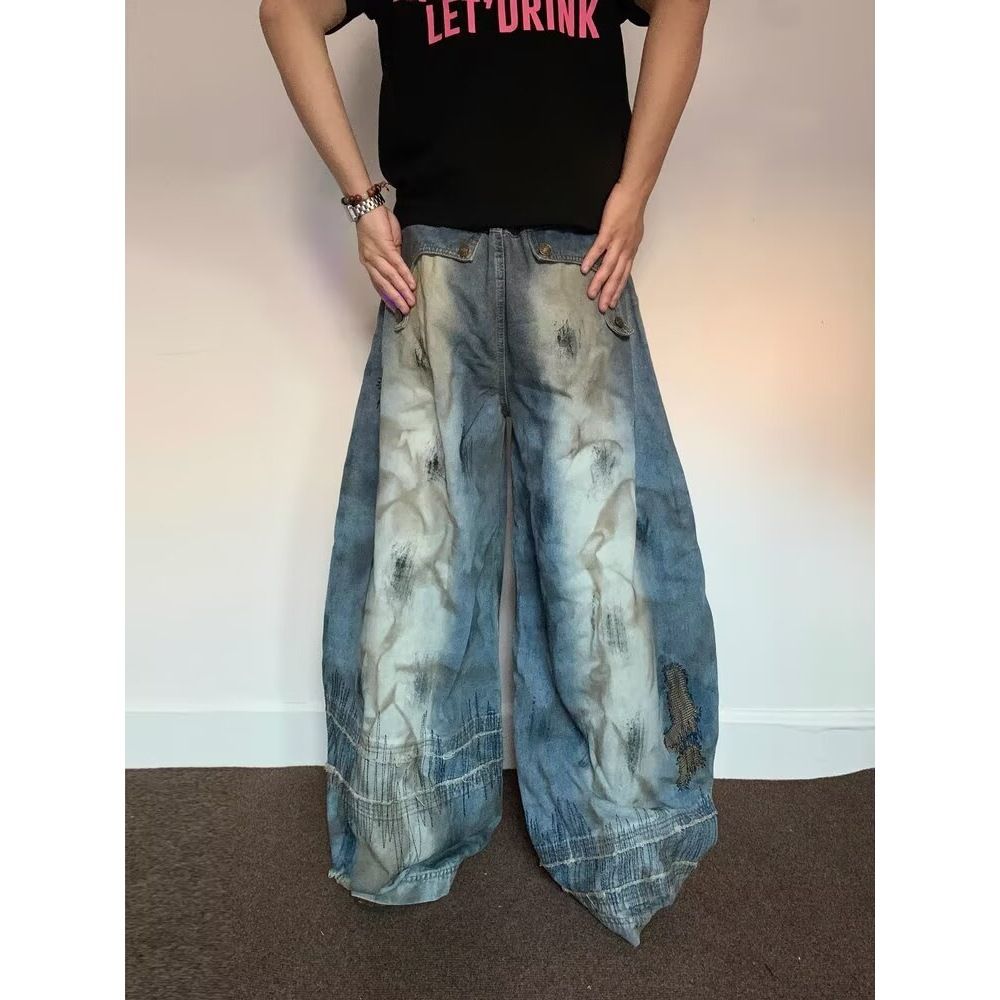 Unisex American Vintage Washed Distressed Jeans – Oversized Scythe Cut Denim With Raw Hem & Paint Splatter Effect_mkmklike.com