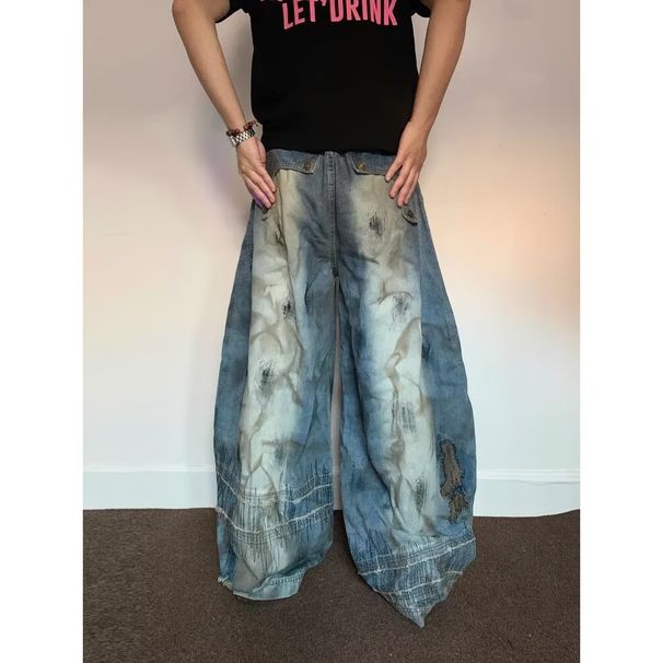 Unisex American Vintage Washed Distressed Jeans – Oversized Scythe Cut Denim With Raw Hem & Paint Splatter Effect_mkmklike.com