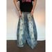 Unisex American Vintage Washed Distressed Jeans – Oversized Scythe Cut Denim With Raw Hem & Paint Splatter Effect_mkmklike.com