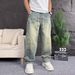 Men's Patchwork Curved Blade Jeans Straight Leg Loose Fit Wide Leg Pants Design Plus Size Spring Autumn_mkmklike.com
