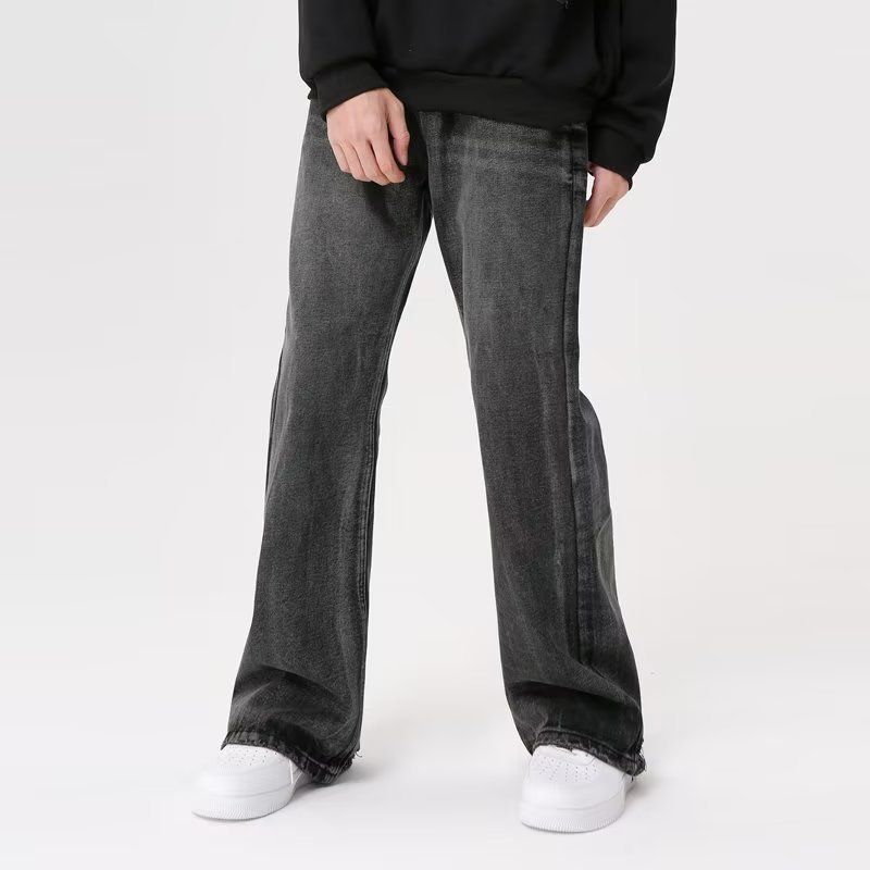 Nordmann Black And Gray Jeans For Men With Distressed Heel, Loose Straight-Leg American Retro Versatile Casual Pants_mkmklike.com