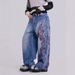 Cross-border Women's Clothing, American-style Y2K Spicy Girl Embroidered Design Jeans, Loose-fitting Floor-length Pants,_mkmklike.com