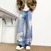 Men's Clothing Retro Lace Print Design Plus Size Women's Jeans Autumn New Loose Fitting Straight Leg Wide Leg Trousers_mkmklike.com