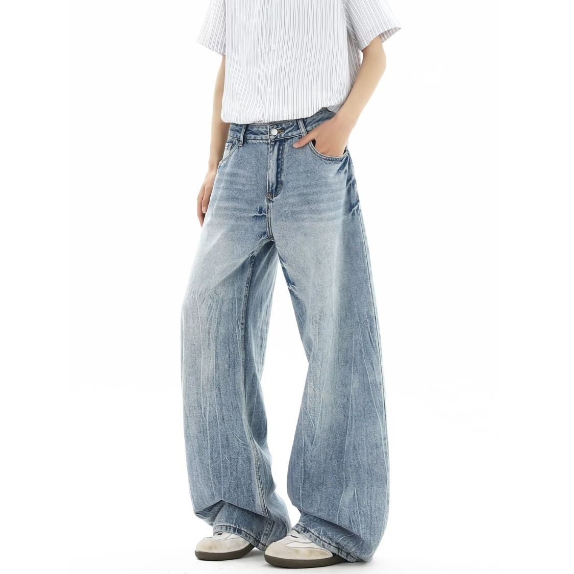 Light Blue Heavy Duty Washed Wide Leg Jeans Curved Blade Loose Fit Slimming Casual Pants for Men And Women Summer 2026 New Style_mkmklike.com
