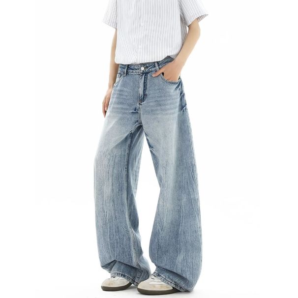 Light Blue Heavy Duty Washed Wide Leg Jeans Curved Blade Loose Fit Slimming Casual Pants for Men And Women Summer 2026 New Style_mkmklike.com