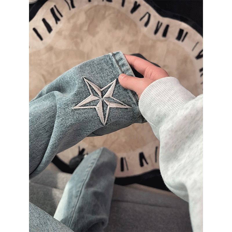 Men's Straight Leg Loose Fitting High Street Jeans Five Pointed Star Embroidery Trendy Retro Slimming Slightly Flared_mkmklike.com