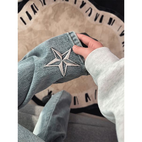 Men's Straight Leg Loose Fitting High Street Jeans Five Pointed Star Embroidery Trendy Retro Slimming Slightly Flared_mkmklike.com
