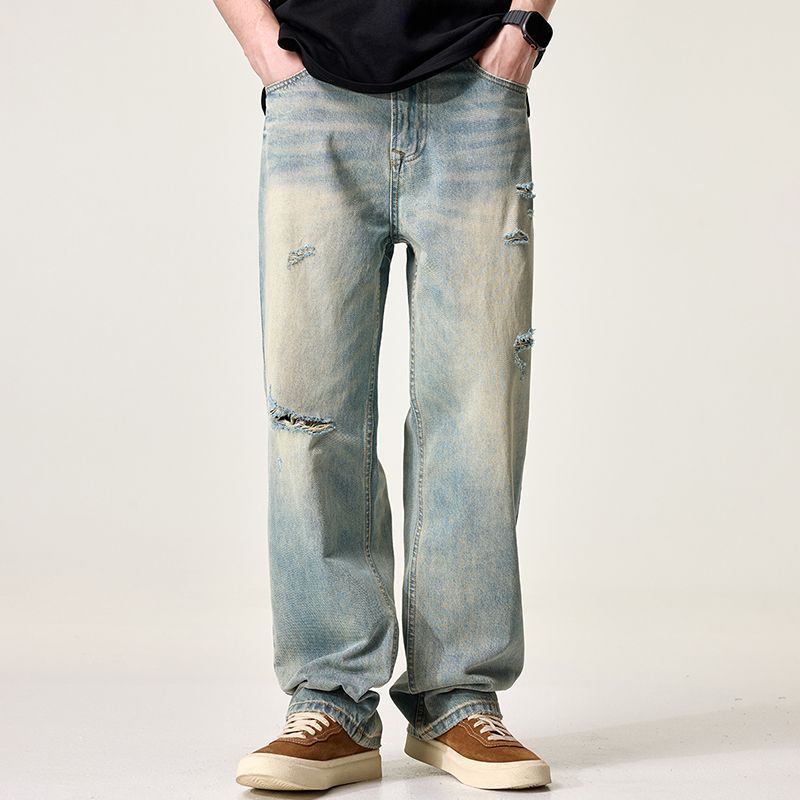 Men's Light Color Ripped Jeans Loose Straight Leg Mid Waist Cotton Wide Leg Pants Retro American High Street Trendy Brand_mkmklike.com