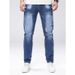 Men's Distressed Blue Jeans – Slim Fit Stretch Denim Pants With Ripped Details & Straight Leg, Trendy Streetwear Style_mkmklike.com