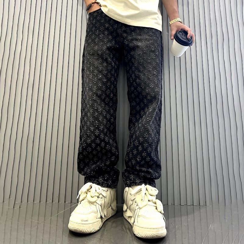Men's Clothing Print High Street Fashion Brand Ins Design Jeans Loose Straight Washed Wide Leg Long Pants_mkmklike.com