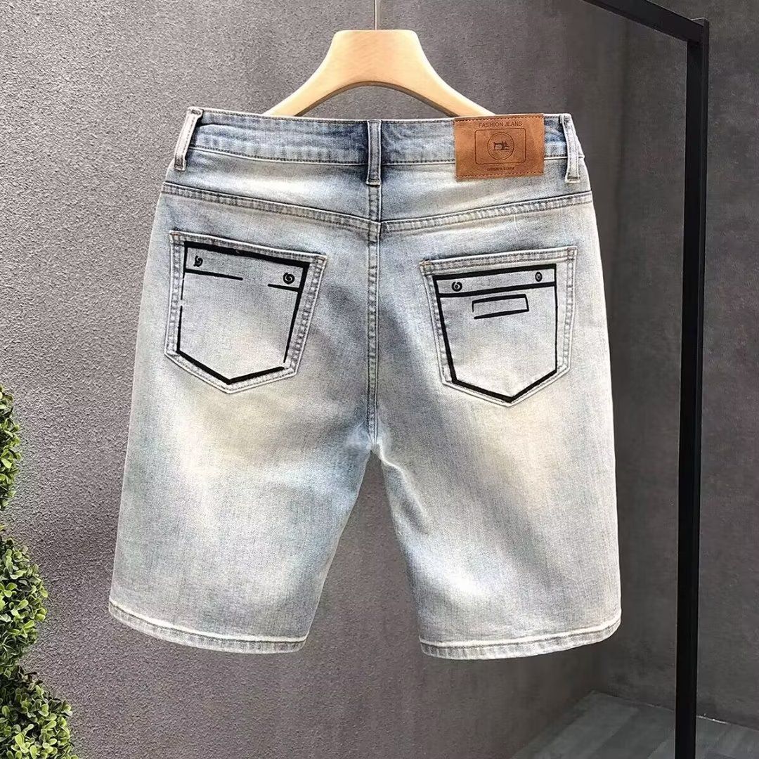 Light Colored Ripped Jeans Men's 2024 Summer Thin Loose Shorts Trendy Printed Casual Versatile Five Quarter Pants_mkmklike.com